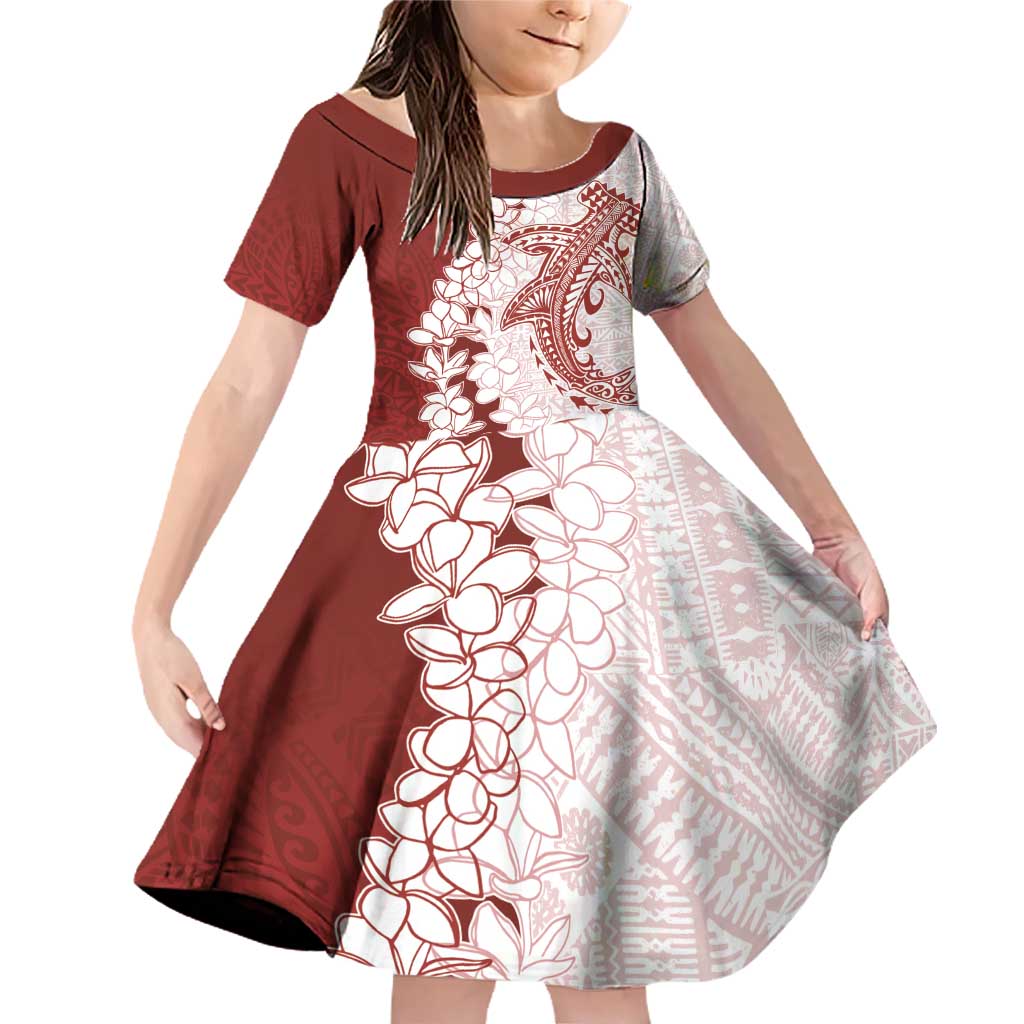 Polynesian Crimson Plumeria Lei Family Matching Off Shoulder Short Dress and Hawaiian Shirt with Hammerhead Shark LT7 Daughter's Dress Red - Polynesian Pride