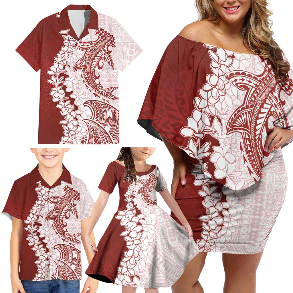 Polynesian Crimson Plumeria Lei Family Matching Off Shoulder Short Dress and Hawaiian Shirt with Hammerhead Shark LT7 - Polynesian Pride