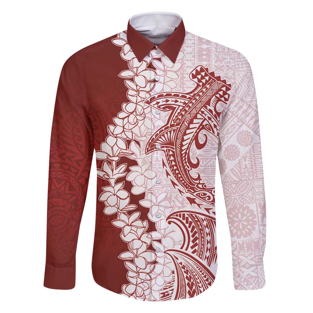 Polynesian Crimson Plumeria Lei Family Matching Off Shoulder Short Dress and Hawaiian Shirt with Hammerhead Shark LT7 Dad's Shirt - Long Sleeve Red - Polynesian Pride