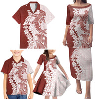 Polynesian Crimson Plumeria Lei Family Matching Puletasi and Hawaiian Shirt with Hammerhead Shark LT7 - Polynesian Pride