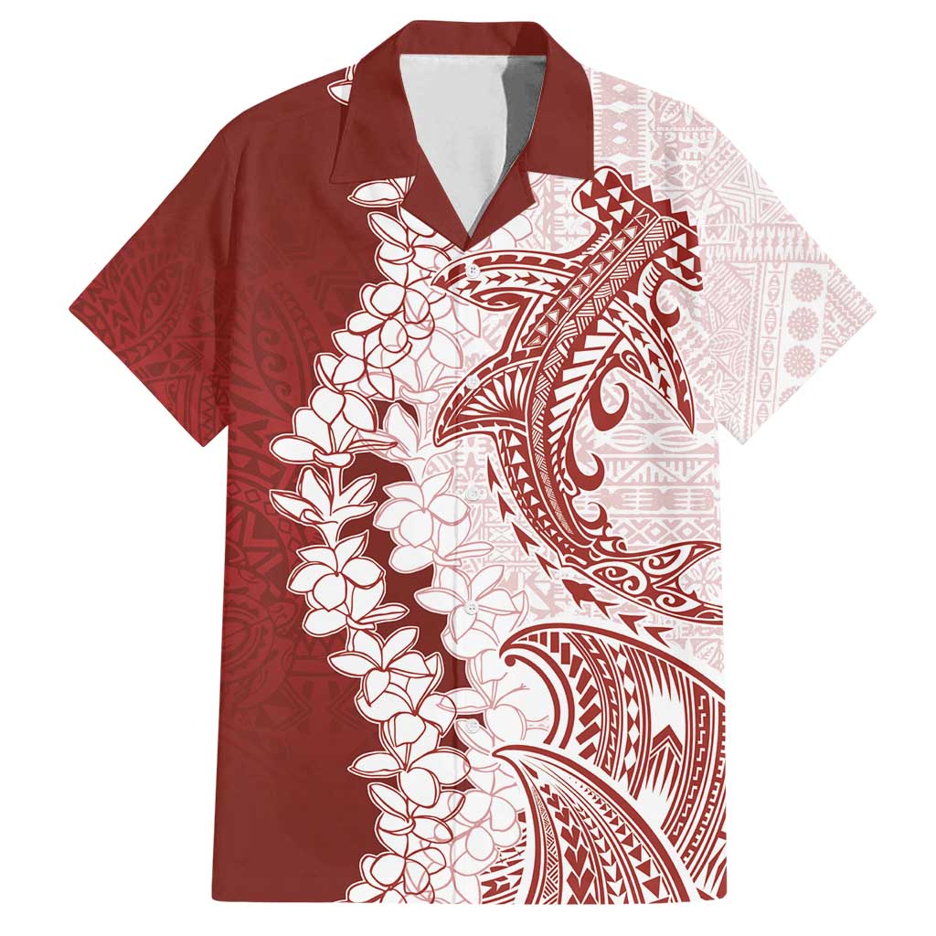 Polynesian Crimson Plumeria Lei Family Matching Puletasi and Hawaiian Shirt with Hammerhead Shark LT7 Dad's Shirt - Short Sleeve Red - Polynesian Pride