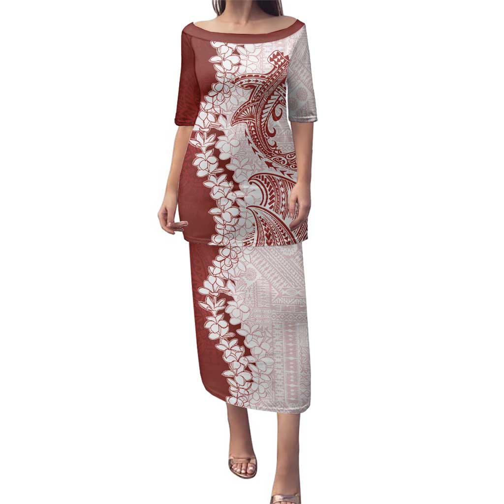 Polynesian Crimson Plumeria Lei Family Matching Puletasi and Hawaiian Shirt with Hammerhead Shark LT7 Mom's Dress Red - Polynesian Pride
