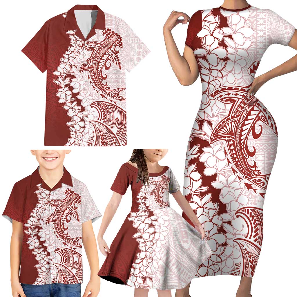 Polynesian Crimson Plumeria Lei Family Matching Short Sleeve Bodycon Dress and Hawaiian Shirt with Hammerhead Shark LT7 - Polynesian Pride