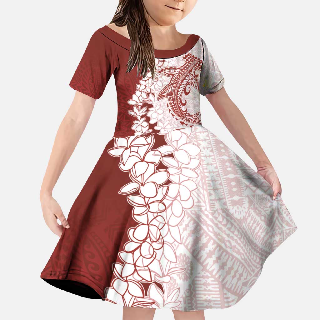 Polynesian Crimson Plumeria Lei Family Matching Summer Maxi Dress and Hawaiian Shirt with Hammerhead Shark LT7 Daughter's Dress Red - Polynesian Pride