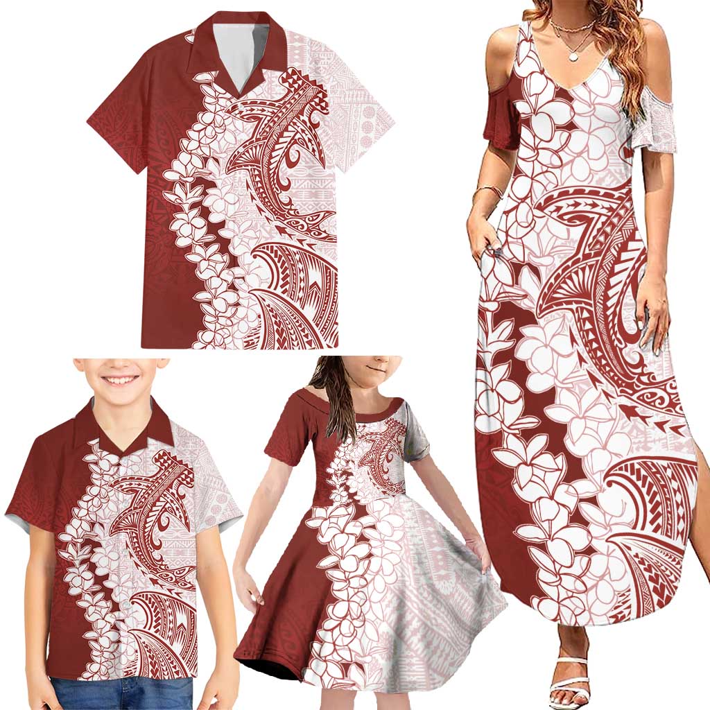 Polynesian Crimson Plumeria Lei Family Matching Summer Maxi Dress and Hawaiian Shirt with Hammerhead Shark LT7 - Polynesian Pride