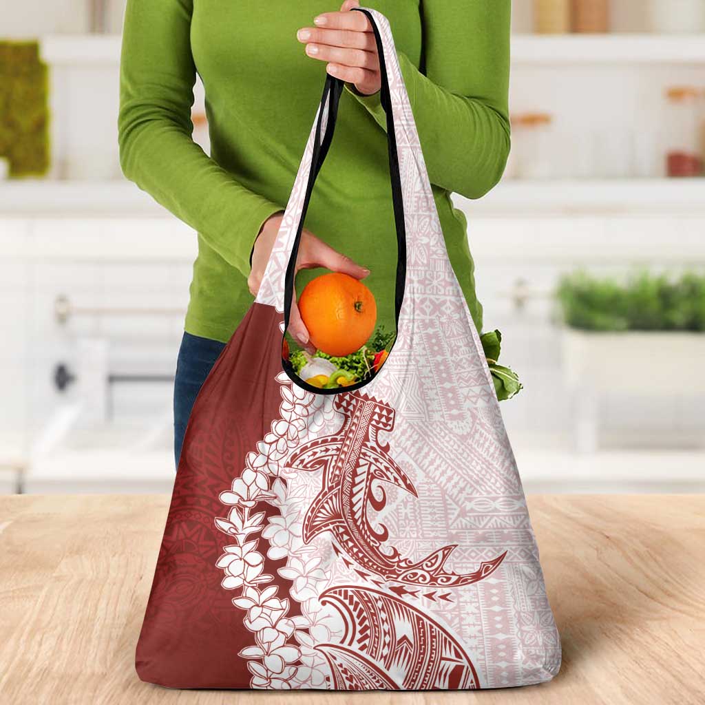Polynesian Crimson Plumeria Lei Grocery Bag with Hammerhead Shark