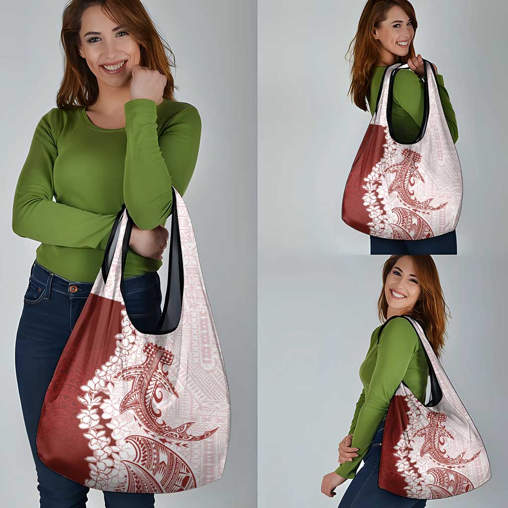 Polynesian Crimson Plumeria Lei Grocery Bag with Hammerhead Shark