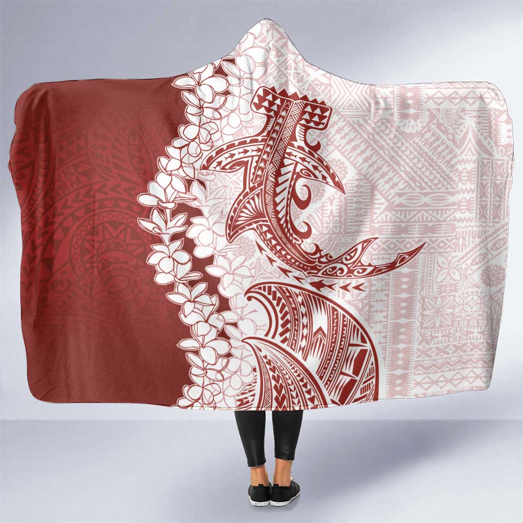 Polynesian Crimson Plumeria Lei Hooded Blanket with Hammerhead Shark LT7 One Size Red - Polynesian Pride