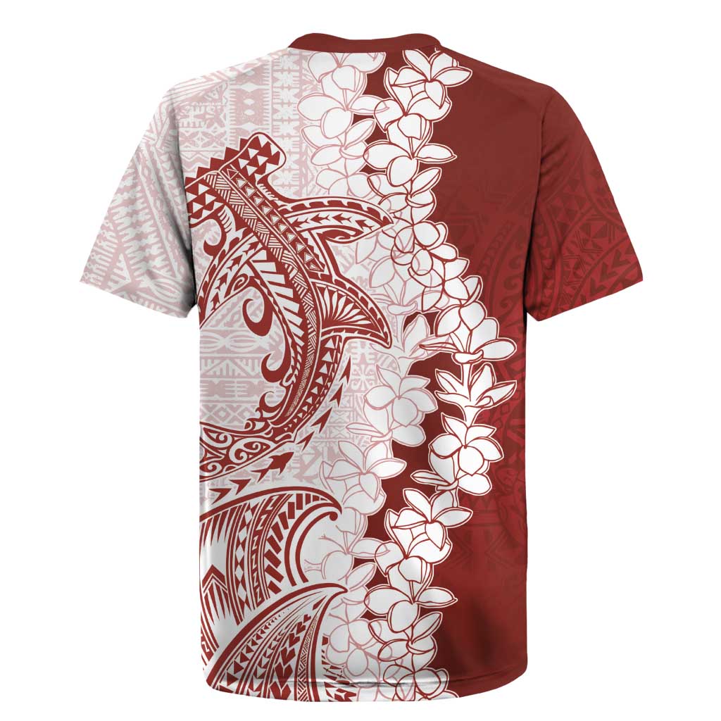Polynesian Crimson Plumeria Lei Rugby Jersey with Hammerhead Shark