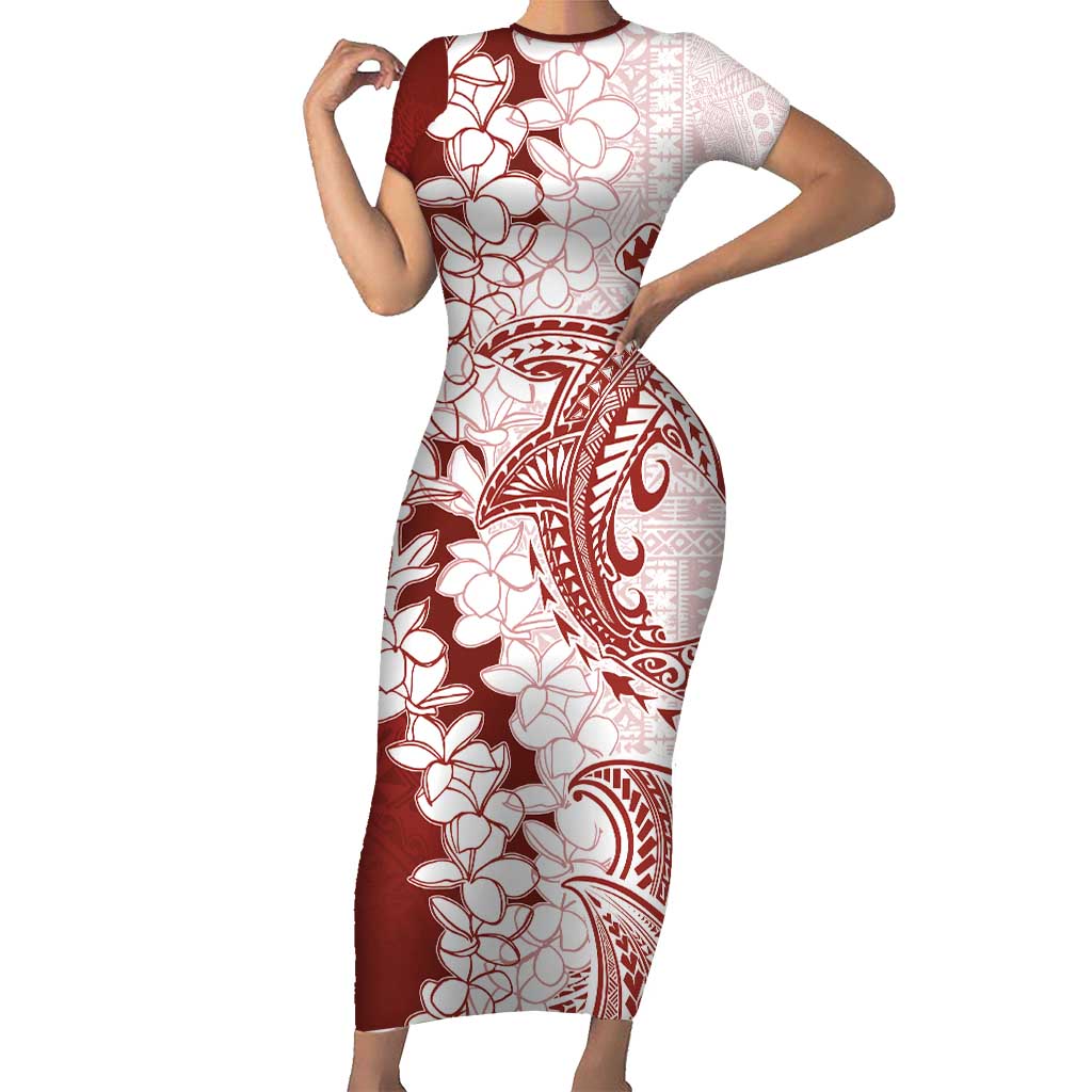 Polynesian Crimson Plumeria Lei Short Sleeve Bodycon Dress with Hammerhead Shark LT7 Long Dress Red - Polynesian Pride