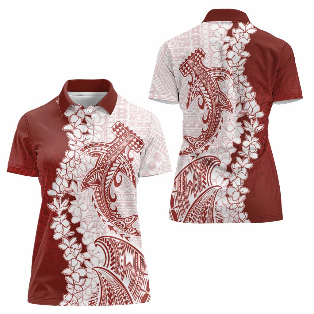 Polynesian Crimson Plumeria Lei Women Polo Shirt with Hammerhead Shark