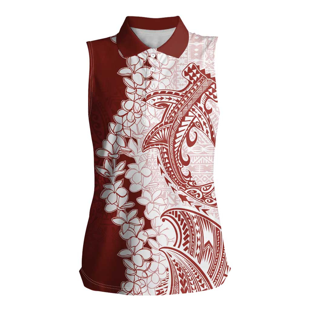 Polynesian Crimson Plumeria Lei Women Sleeveless Polo Shirt with Hammerhead Shark LT7 Female Red - Polynesian Pride