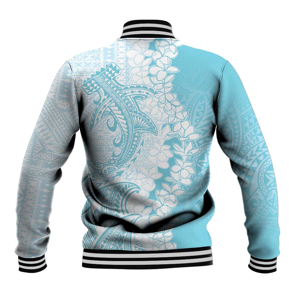 Polynesian Turquoise Plumeria Lei Baseball Jacket with Hammerhead Shark