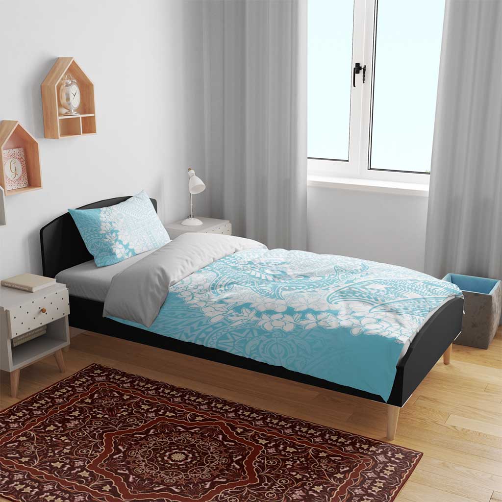 Polynesian Turquoise Plumeria Lei Bedding Set with Hammerhead Shark