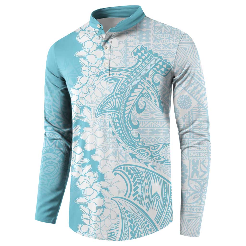 Polynesian Turquoise Plumeria Lei Button Sweatshirt with Hammerhead Shark