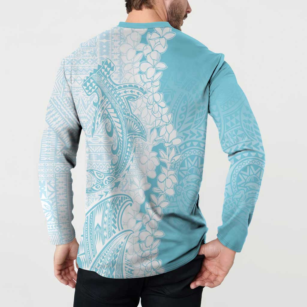 Polynesian Turquoise Plumeria Lei Button Sweatshirt with Hammerhead Shark