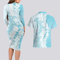 Polynesian Turquoise Plumeria Lei Couples Matching Long Sleeve Bodycon Dress and Hawaiian Shirt with Hammerhead Shark LT7 - Polynesian Pride
