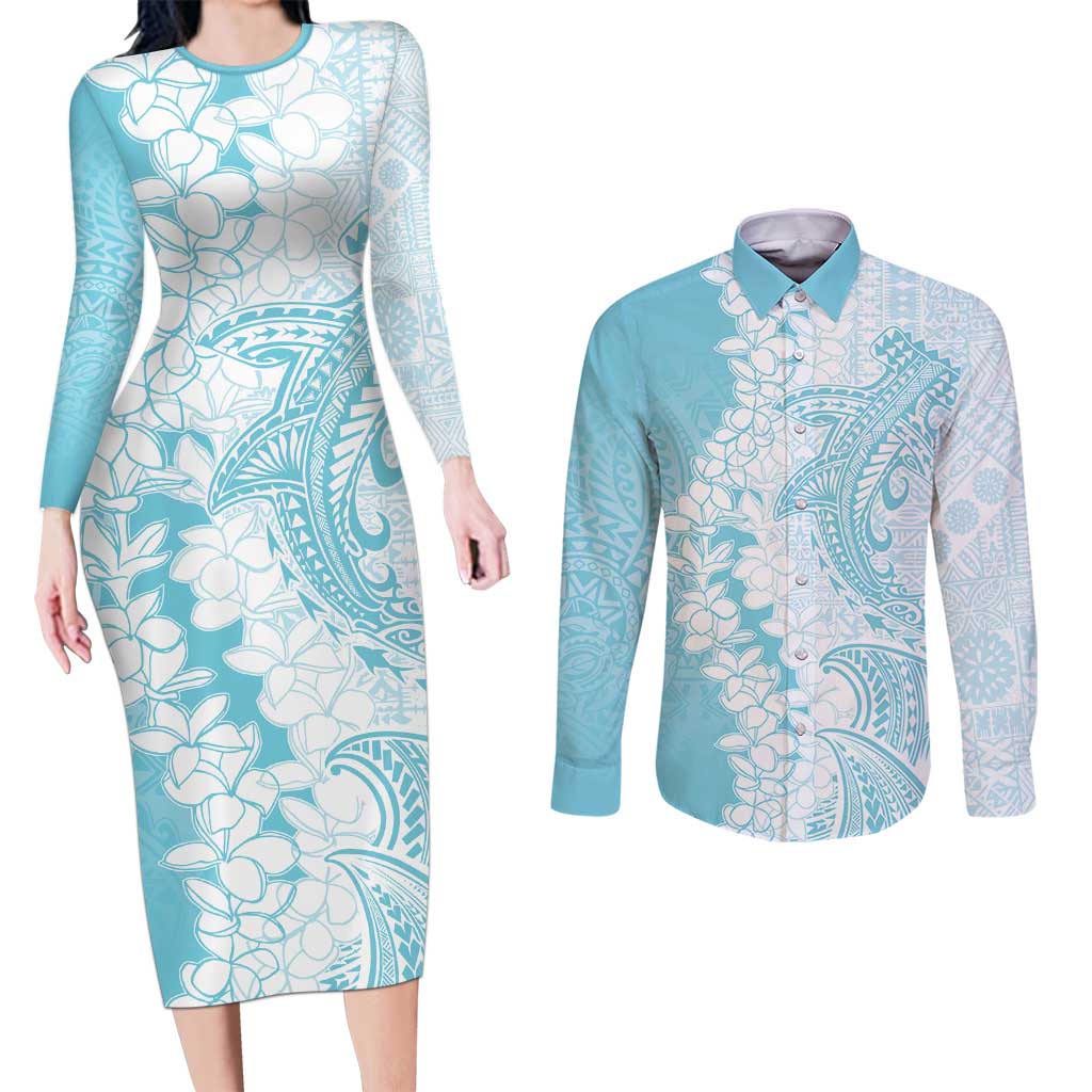 Polynesian Turquoise Plumeria Lei Couples Matching Long Sleeve Bodycon Dress and Long Sleeve Button Shirt with Hammerhead Shark LT7 Turquoise - Polynesian Pride