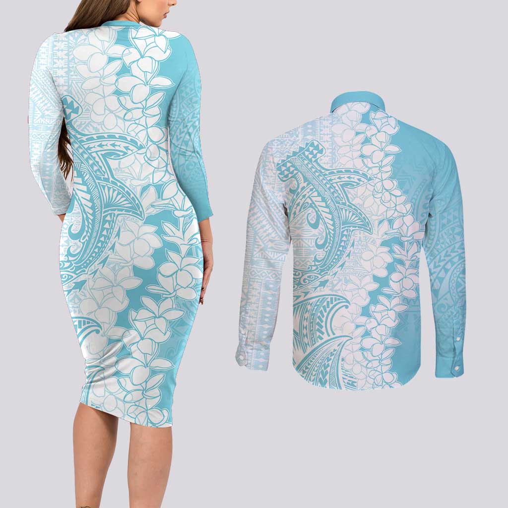 Polynesian Turquoise Plumeria Lei Couples Matching Long Sleeve Bodycon Dress and Long Sleeve Button Shirt with Hammerhead Shark LT7 - Polynesian Pride