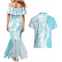 Polynesian Turquoise Plumeria Lei Couples Matching Mermaid Dress and Hawaiian Shirt with Hammerhead Shark LT7 - Polynesian Pride