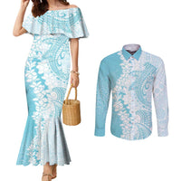 Polynesian Turquoise Plumeria Lei Couples Matching Mermaid Dress and Long Sleeve Button Shirt with Hammerhead Shark LT7 Turquoise - Polynesian Pride