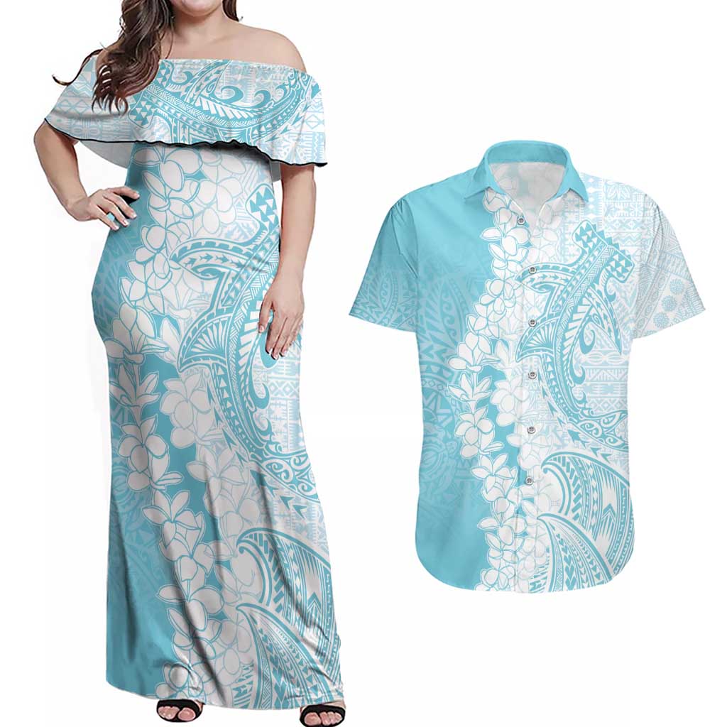 Polynesian Turquoise Plumeria Lei Couples Matching Off Shoulder Maxi Dress and Hawaiian Shirt with Hammerhead Shark LT7 Turquoise - Polynesian Pride