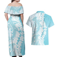 Polynesian Turquoise Plumeria Lei Couples Matching Off Shoulder Maxi Dress and Hawaiian Shirt with Hammerhead Shark LT7 - Polynesian Pride