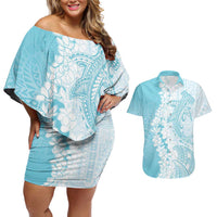 Polynesian Turquoise Plumeria Lei Couples Matching Off Shoulder Short Dress and Hawaiian Shirt with Hammerhead Shark LT7 Turquoise - Polynesian Pride