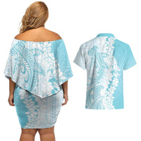 Polynesian Turquoise Plumeria Lei Couples Matching Off Shoulder Short Dress and Hawaiian Shirt with Hammerhead Shark LT7 - Polynesian Pride