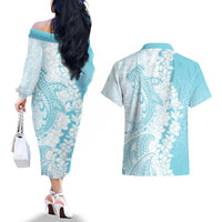 Polynesian Turquoise Plumeria Lei Couples Matching Off The Shoulder Long Sleeve Dress and Hawaiian Shirt with Hammerhead Shark LT7 - Polynesian Pride