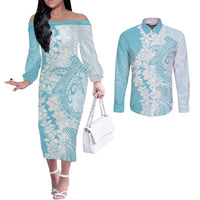 Polynesian Turquoise Plumeria Lei Couples Matching Off The Shoulder Long Sleeve Dress and Long Sleeve Button Shirt with Hammerhead Shark LT7 Turquoise - Polynesian Pride