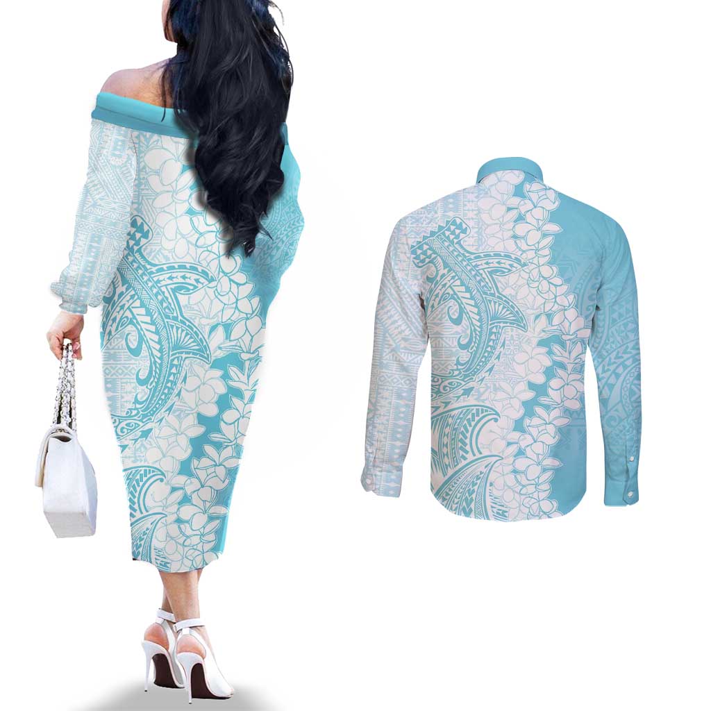 Polynesian Turquoise Plumeria Lei Couples Matching Off The Shoulder Long Sleeve Dress and Long Sleeve Button Shirt with Hammerhead Shark LT7 - Polynesian Pride