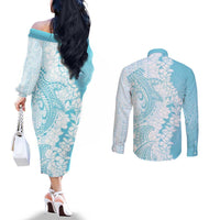 Polynesian Turquoise Plumeria Lei Couples Matching Off The Shoulder Long Sleeve Dress and Long Sleeve Button Shirt with Hammerhead Shark LT7 - Polynesian Pride