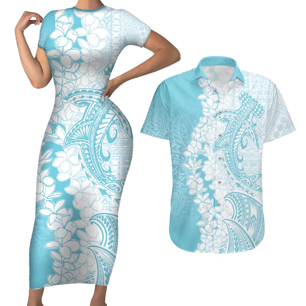 Polynesian Turquoise Plumeria Lei Couples Matching Short Sleeve Bodycon Dress and Hawaiian Shirt with Hammerhead Shark LT7 Turquoise - Polynesian Pride