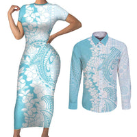 Polynesian Turquoise Plumeria Lei Couples Matching Short Sleeve Bodycon Dress and Long Sleeve Button Shirt with Hammerhead Shark LT7 Turquoise - Polynesian Pride