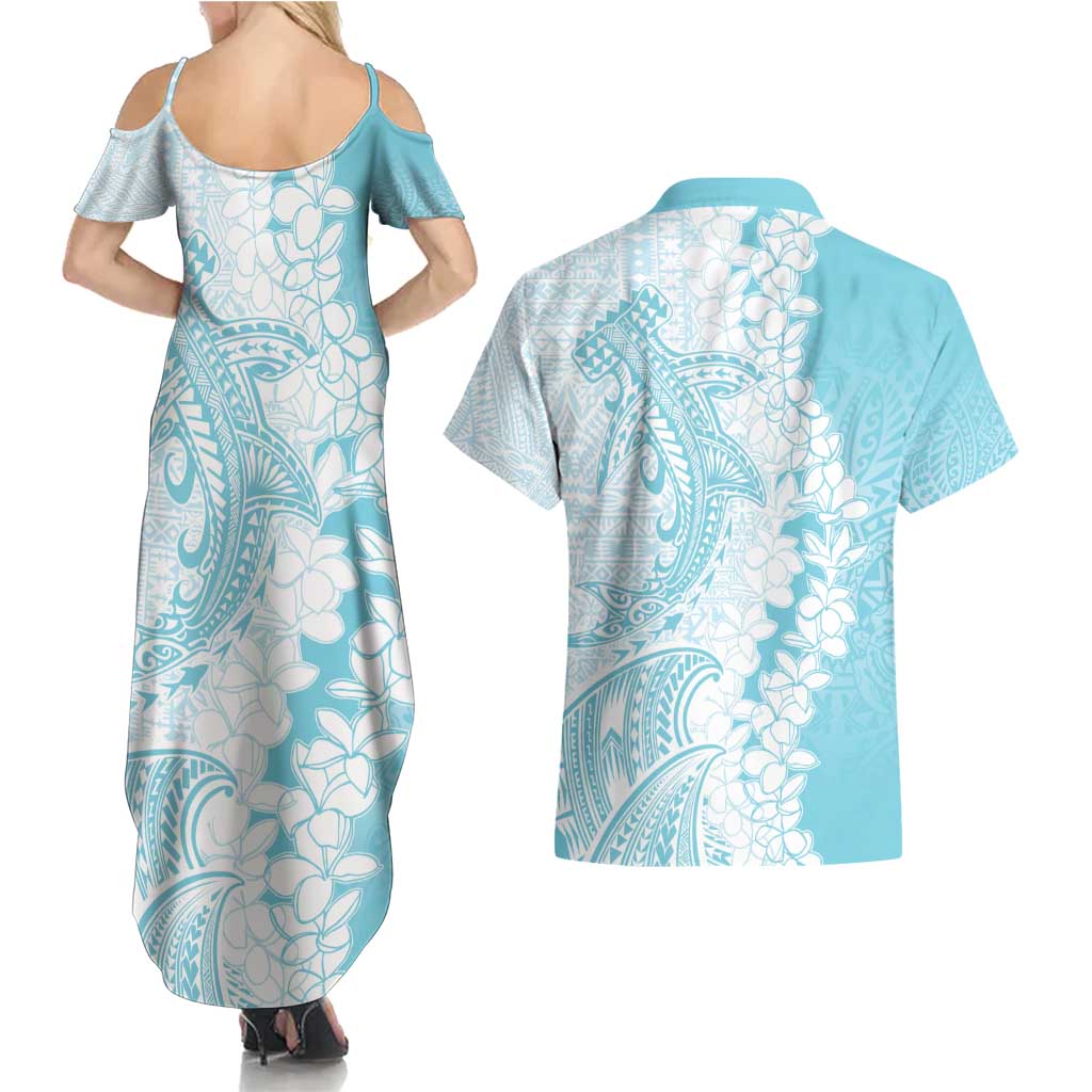 Polynesian Turquoise Plumeria Lei Couples Matching Summer Maxi Dress and Hawaiian Shirt with Hammerhead Shark LT7 - Polynesian Pride