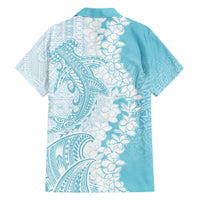 Polynesian Turquoise Plumeria Lei Family Matching Long Sleeve Bodycon Dress and Hawaiian Shirt with Hammerhead Shark LT7 - Polynesian Pride
