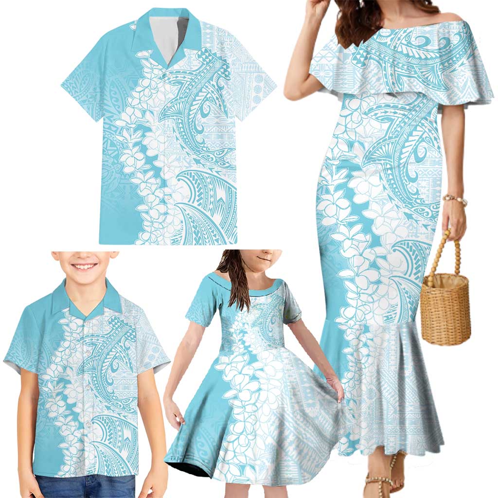 Polynesian Turquoise Plumeria Lei Family Matching Mermaid Dress and Hawaiian Shirt with Hammerhead Shark LT7 - Polynesian Pride