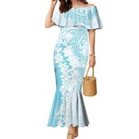 Polynesian Turquoise Plumeria Lei Family Matching Mermaid Dress and Hawaiian Shirt with Hammerhead Shark LT7 Mom's Dress Turquoise - Polynesian Pride
