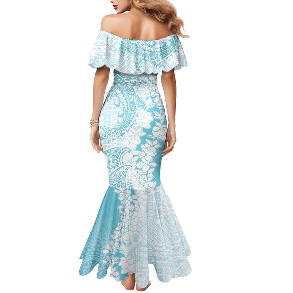 Polynesian Turquoise Plumeria Lei Family Matching Mermaid Dress and Hawaiian Shirt with Hammerhead Shark LT7 - Polynesian Pride