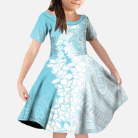 Polynesian Turquoise Plumeria Lei Family Matching Off The Shoulder Long Sleeve Dress and Hawaiian Shirt with Hammerhead Shark LT7 Daughter's Dress Turquoise - Polynesian Pride