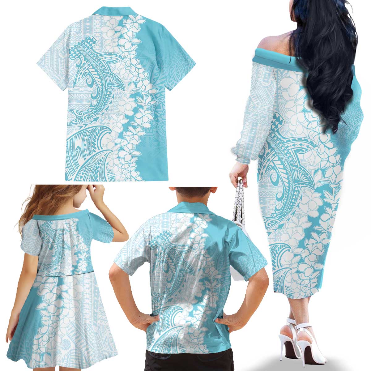 Polynesian Turquoise Plumeria Lei Family Matching Off The Shoulder Long Sleeve Dress and Hawaiian Shirt with Hammerhead Shark LT7 - Polynesian Pride