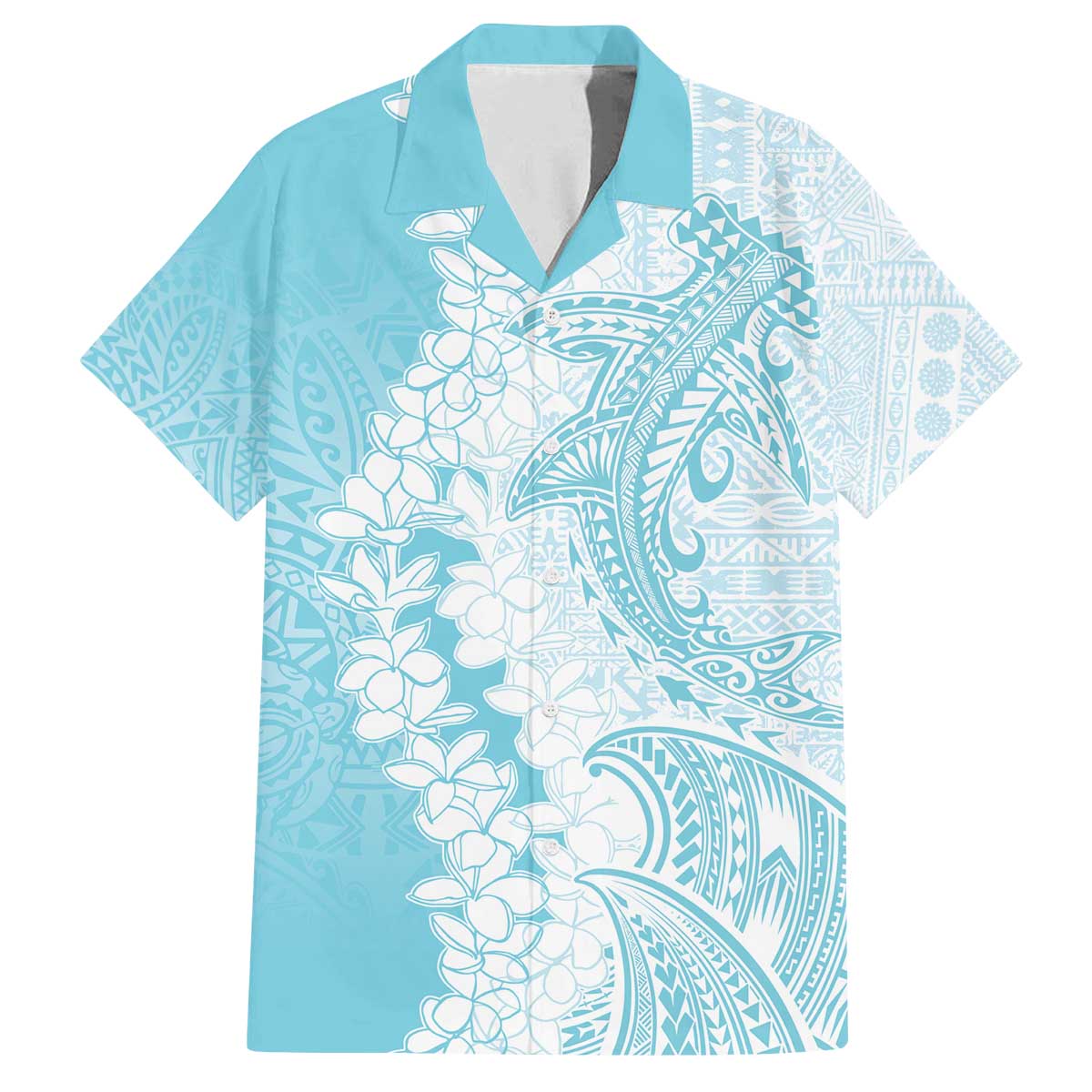 Polynesian Turquoise Plumeria Lei Family Matching Off The Shoulder Long Sleeve Dress and Hawaiian Shirt with Hammerhead Shark LT7 Dad's Shirt - Short Sleeve Turquoise - Polynesian Pride