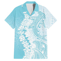Polynesian Turquoise Plumeria Lei Family Matching Off The Shoulder Long Sleeve Dress and Hawaiian Shirt with Hammerhead Shark LT7 Dad's Shirt - Short Sleeve Turquoise - Polynesian Pride