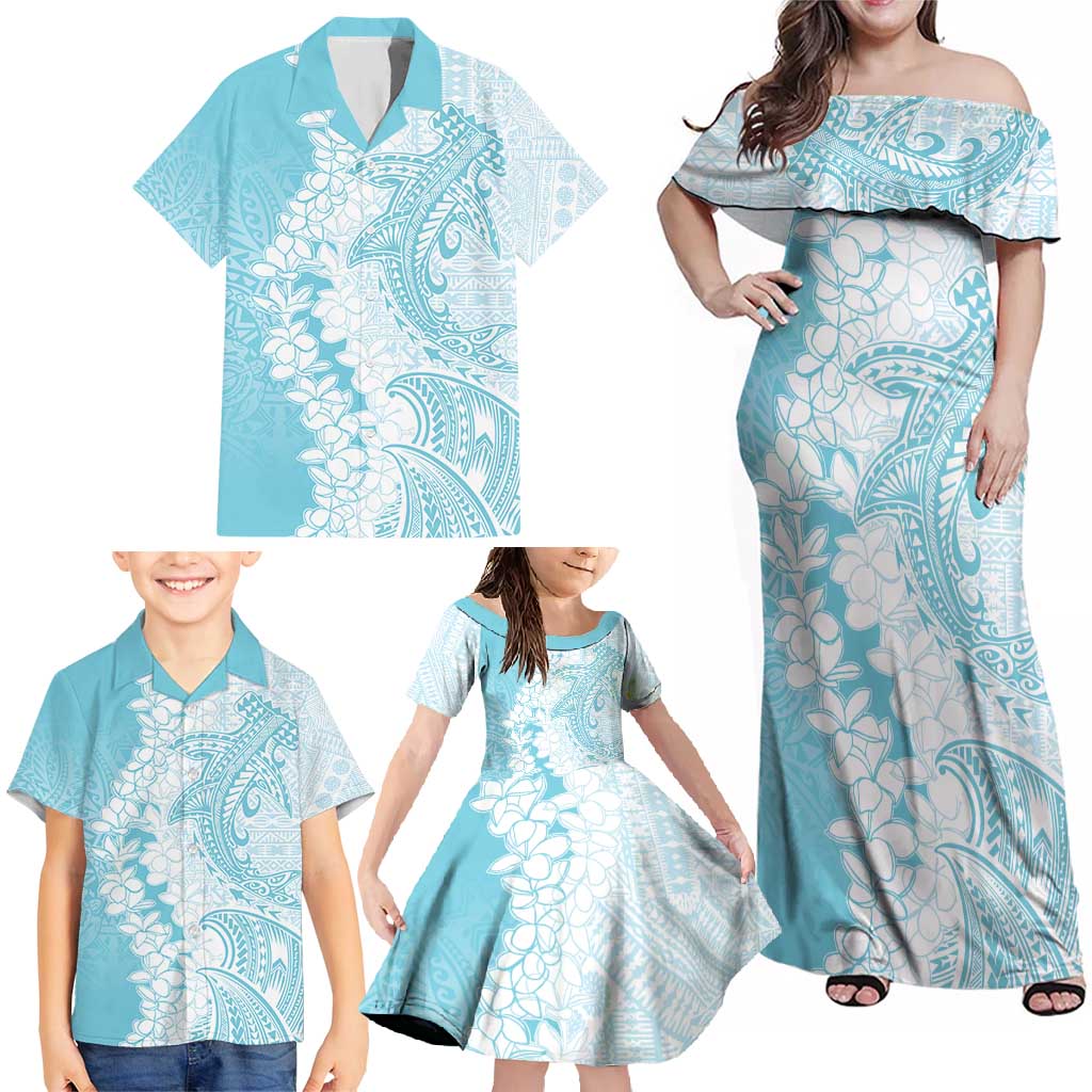 Polynesian Turquoise Plumeria Lei Family Matching Off Shoulder Maxi Dress and Hawaiian Shirt with Hammerhead Shark LT7 - Polynesian Pride