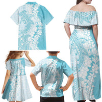 Polynesian Turquoise Plumeria Lei Family Matching Off Shoulder Maxi Dress and Hawaiian Shirt with Hammerhead Shark LT7 - Polynesian Pride