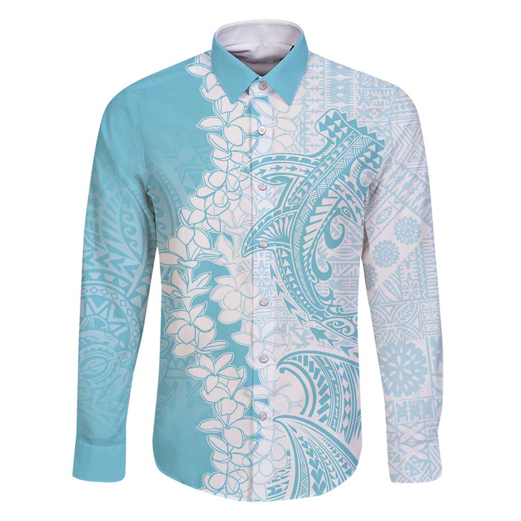 Polynesian Turquoise Plumeria Lei Family Matching Off Shoulder Maxi Dress and Hawaiian Shirt with Hammerhead Shark LT7 Dad's Shirt - Long Sleeve Turquoise - Polynesian Pride