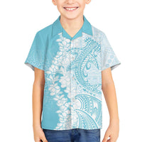 Polynesian Turquoise Plumeria Lei Family Matching Off Shoulder Maxi Dress and Hawaiian Shirt with Hammerhead Shark LT7 Son's Shirt Turquoise - Polynesian Pride