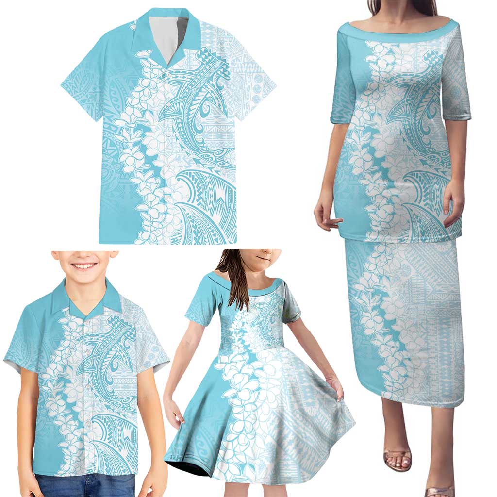 Polynesian Turquoise Plumeria Lei Family Matching Puletasi and Hawaiian Shirt with Hammerhead Shark LT7 - Polynesian Pride