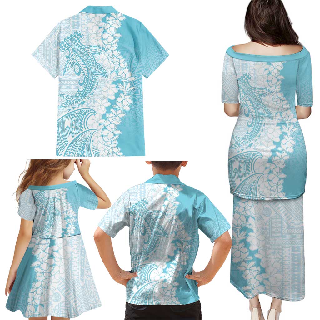 Polynesian Turquoise Plumeria Lei Family Matching Puletasi and Hawaiian Shirt with Hammerhead Shark LT7 - Polynesian Pride